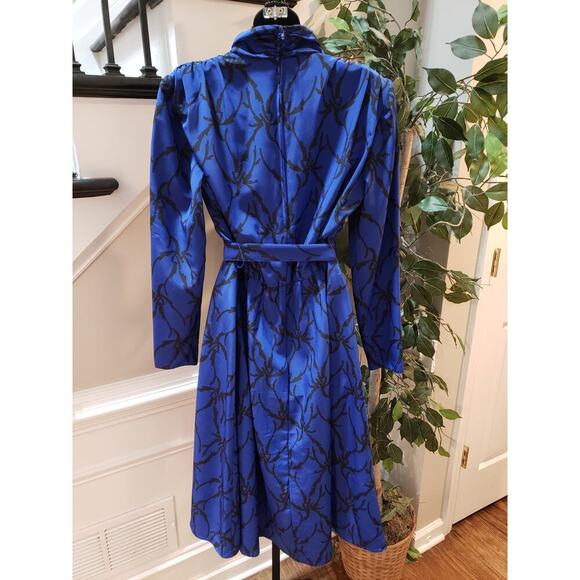 Vintage Caron Chicago Sheath Dress S Blue Patterned Cowl Neck Tie Waist Back Zip - Picture 12 of 12